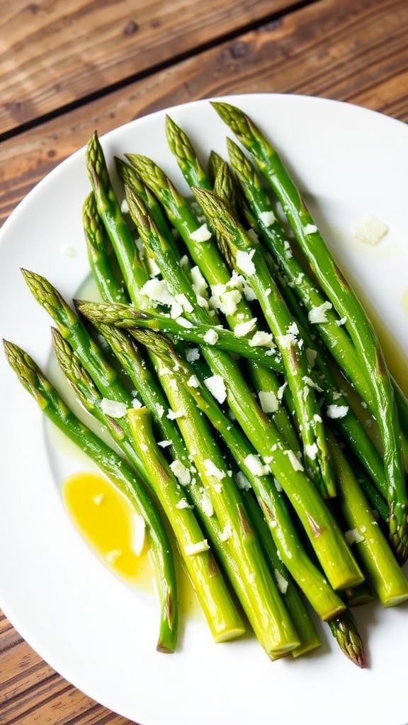A plate of vibrant green asparagus garnished with Parmesan cheese on a rustic wooden table.